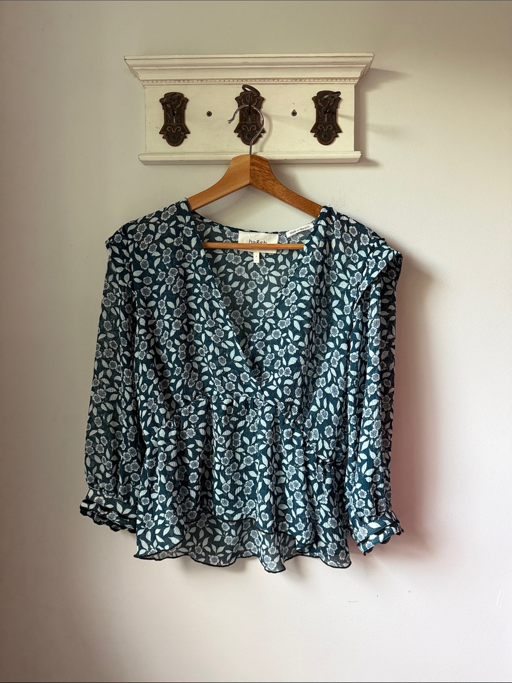 ba&sh Teal Floral V-Neck Peplum Blouse Sheer Delicate Ruffle Top Feminine